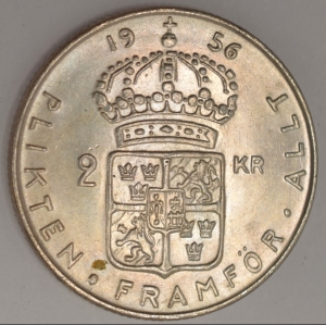 1956 TS Sweden 2 Kronor Silver Gustaf VI Adolf