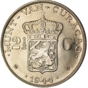 1944 Curacao 2 1 2 Gulden Wilhelmina Silver