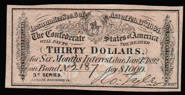 1864 Confederate States $30 Bond Certificate