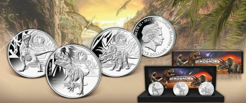 2021 Solomon Islands 3 X 1 Ounce Dinosaurs Silver Proof Coins