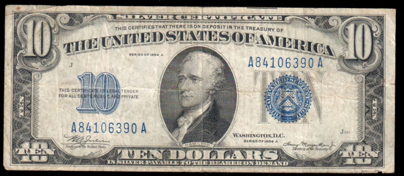 1934-A Series $10 Silver Certificate - F