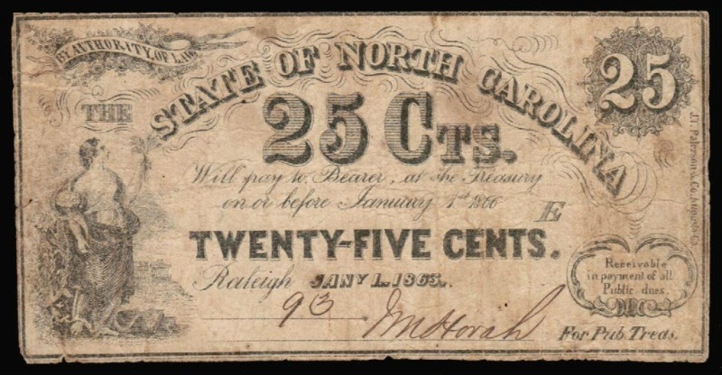 1863 25C State of North Carolina Obsolete Note