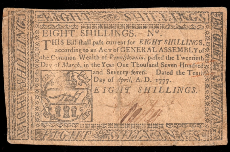 April 10,1777 8s Eight Shillings Pennsylvania Colonial Currency PA-219