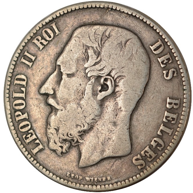 1873 Belgium 5 Francs - Léopold II (Small Head; Silver)