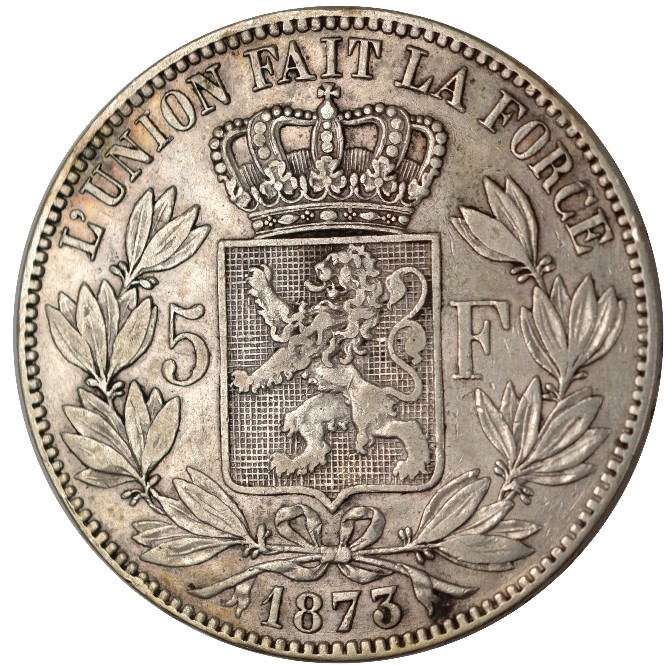 1873 Belgium 5 Francs - Léopold II (Small Head; Silver)