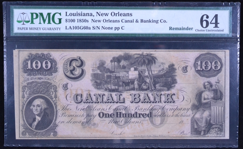 1850 New Orleans LA $100 Canal & Banking Co. LA105G60a PMG Choice UNC 64