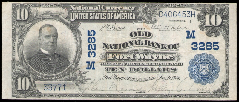 1902 Series $10 Plain Back National Bank Note of Fort Wayne, IN - VF