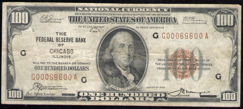 1929 100 Federal Reserve Note Bank Of Chicago Illinois Fr 1890 G