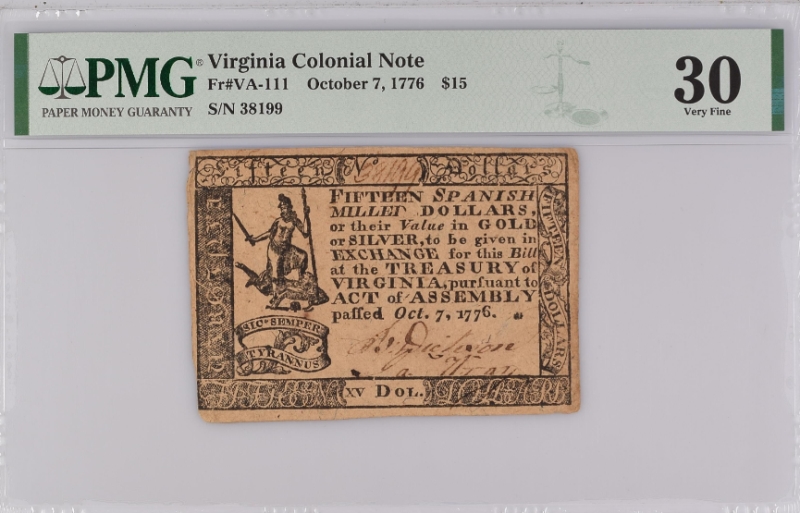 1776 Virginia $15 - Colonial Currency - PMG VF30