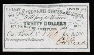 1861 Confederate States $20 Bond Certificate